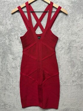Bebe Y2K Red Bandage Bodycon Dress Strappy Cutout Back Mini Clubwear Going Out